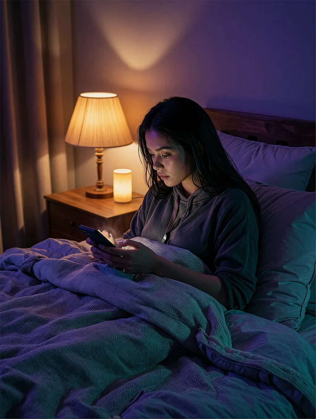 Fictional AI character featured on the fourth landing page, in a dim room